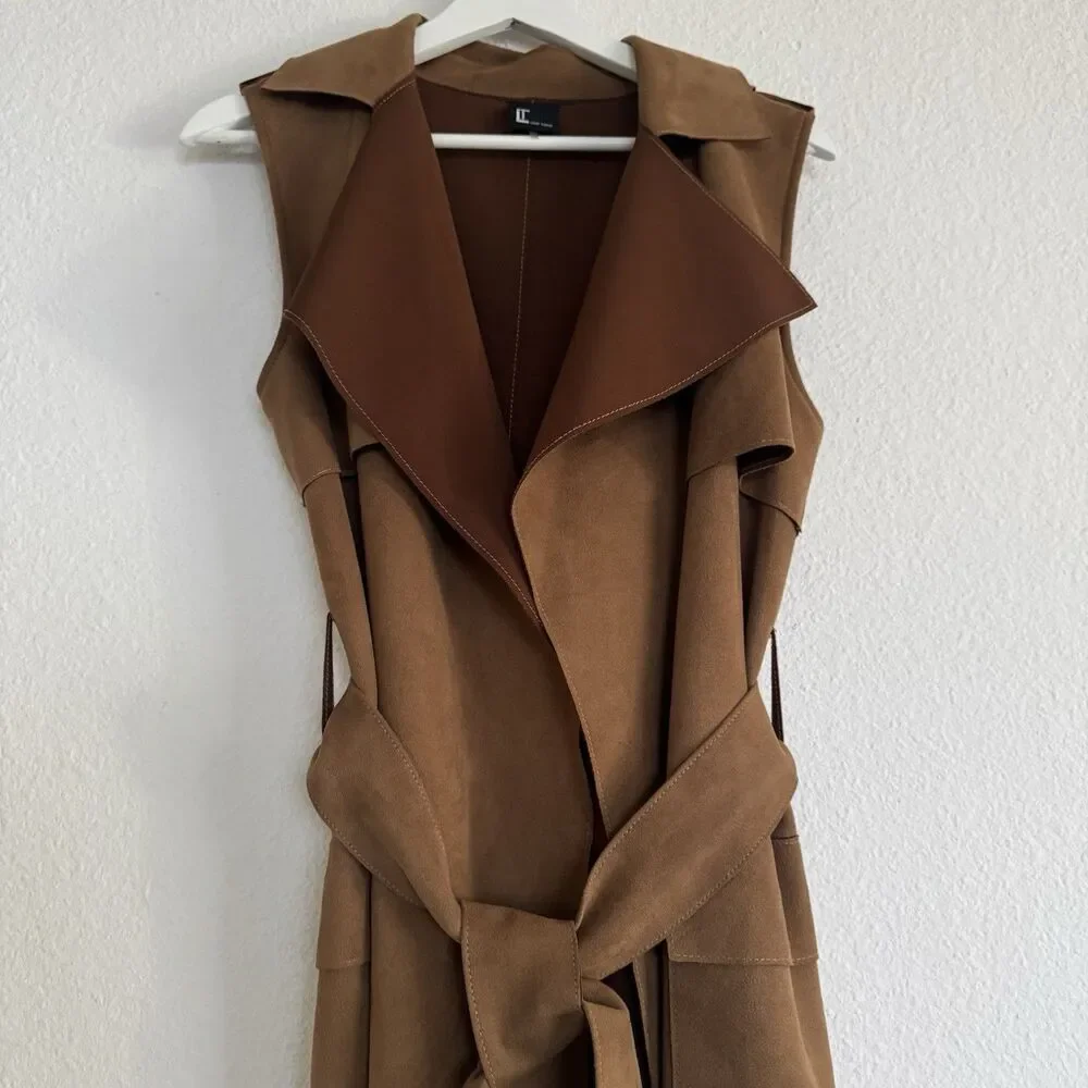 Love Token Long Trench Vest Waistcoat Sleeveless Duster Size XS Microsuede